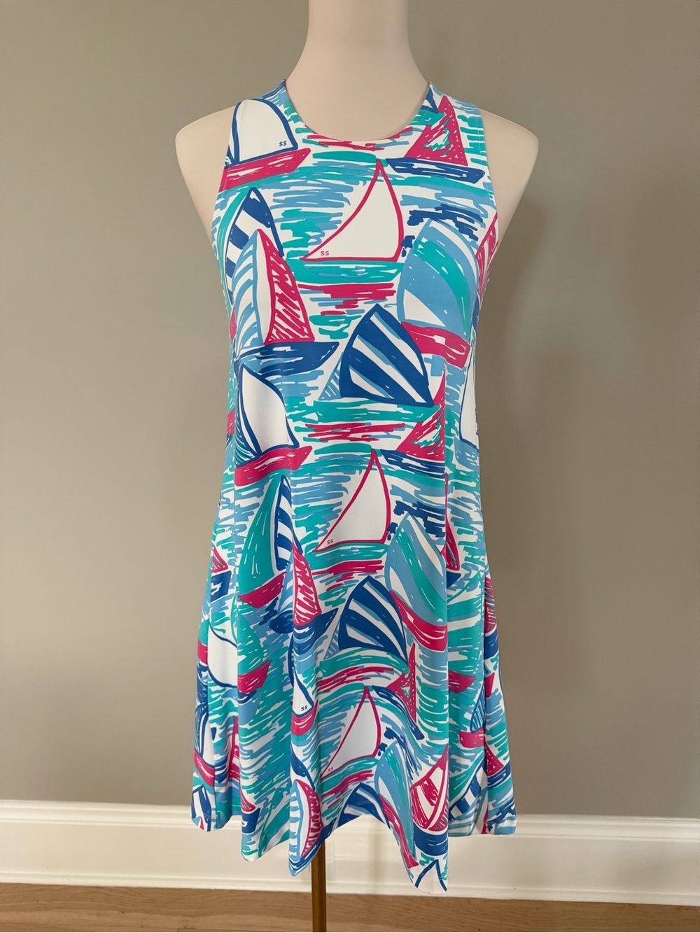Sleeveless Sailboat Print Mini Dress - White, Blue & Pink